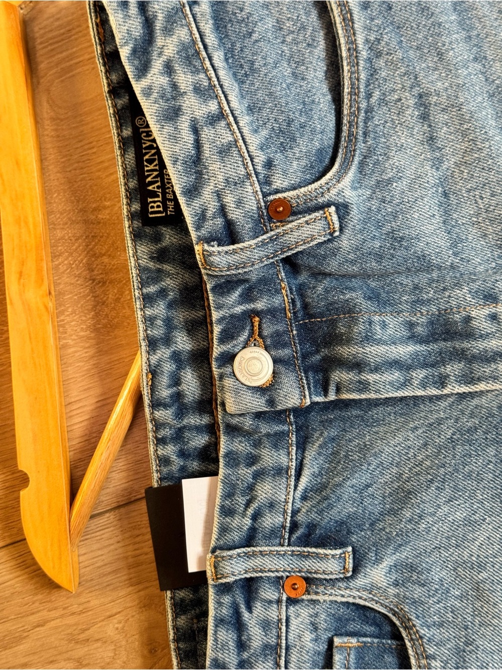 Blank NYC Two-Tone Blue Denim and Faux Leather Wide Leg Jeans | Size 27 - Picture 8 of 15